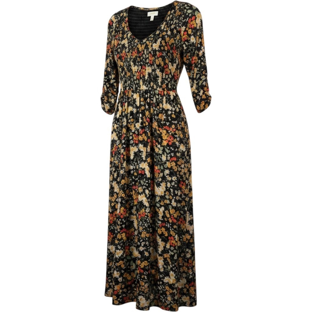 Maeve Anthropologie Floral Smocked Maxi Dress Black V-Neck‎ 3/4 Sleeve XS